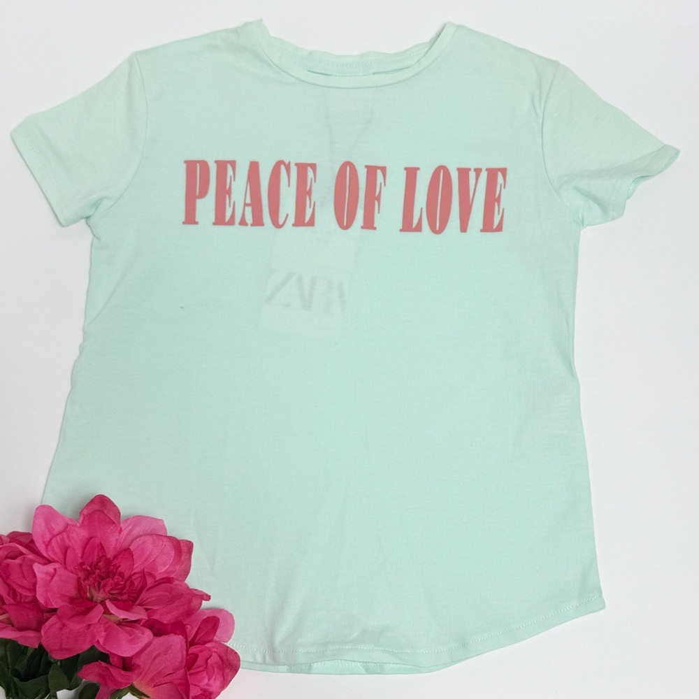 Zara Peace of love kids shirt size size 6 green and pink NWT